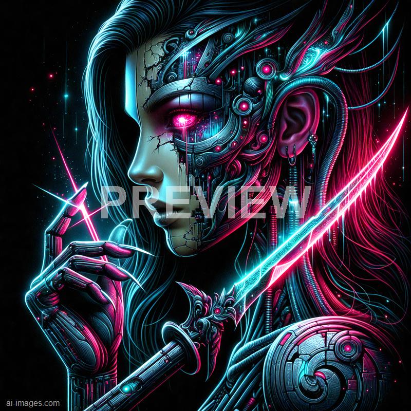 The image depicts a highly detailed and futuristic cybernetic female figure with a mixture of human and machine elements. Her face is partially cracked, revealing intricate mechanical components underneath, with glowing pink and blue lights accentuating her cybernetic features. She holds a glowing, neon-lit sword in one hand and is surrounded by a dark space-like background filled with small, luminous particles, emphasizing the sci-fi and cyberpunk aesthetic.